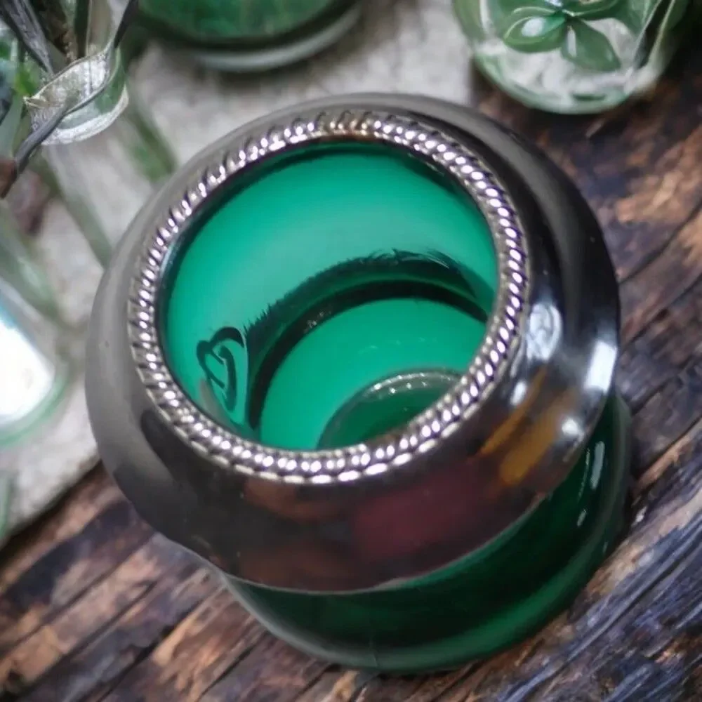 Vintage L E SMITH Green Glass Toothpick Holder Handles Thick Cauldron Silver Rim